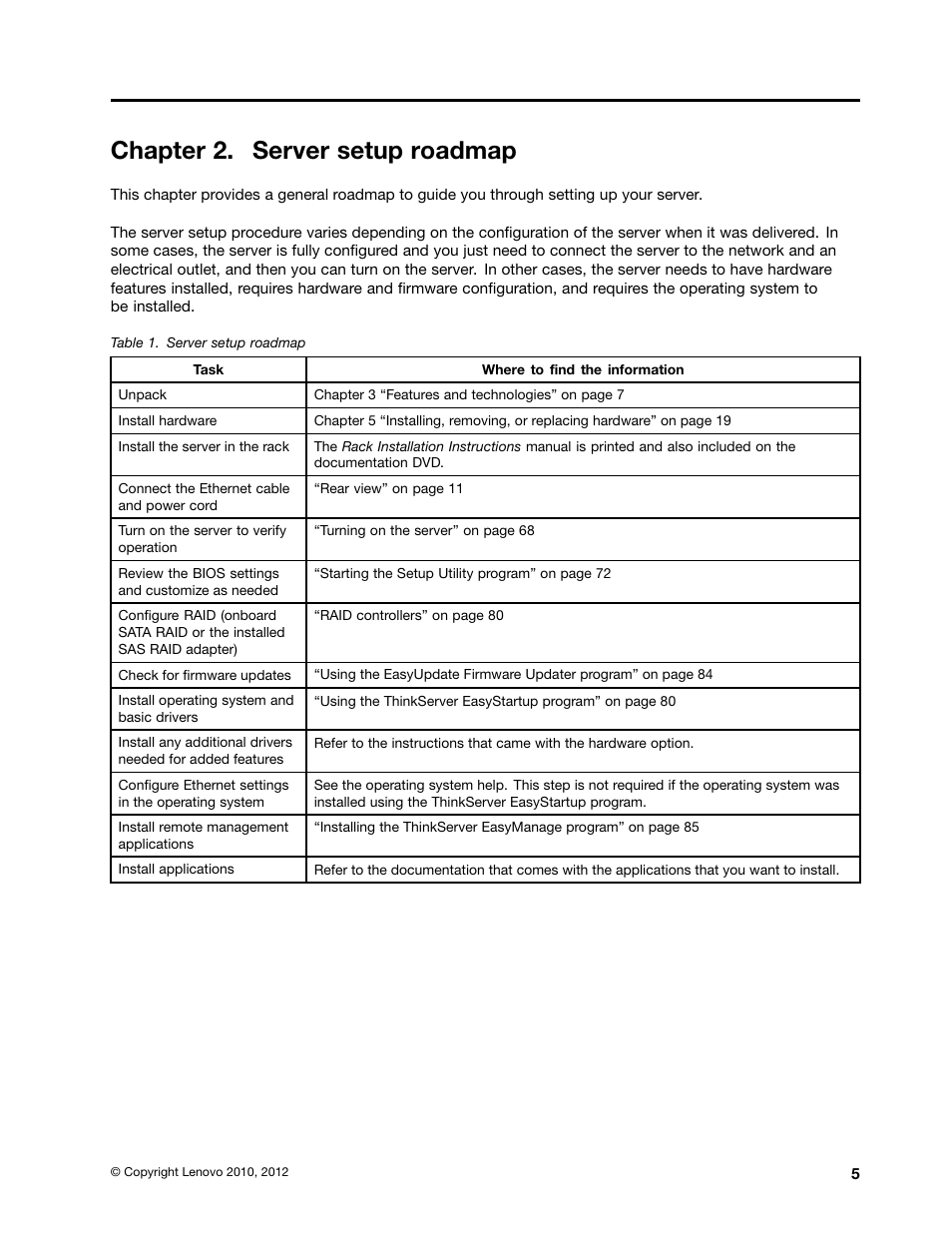 Chapter 2. server setup roadmap | Lenovo ThinkServer RD230 User Manual | Page 17 / 134