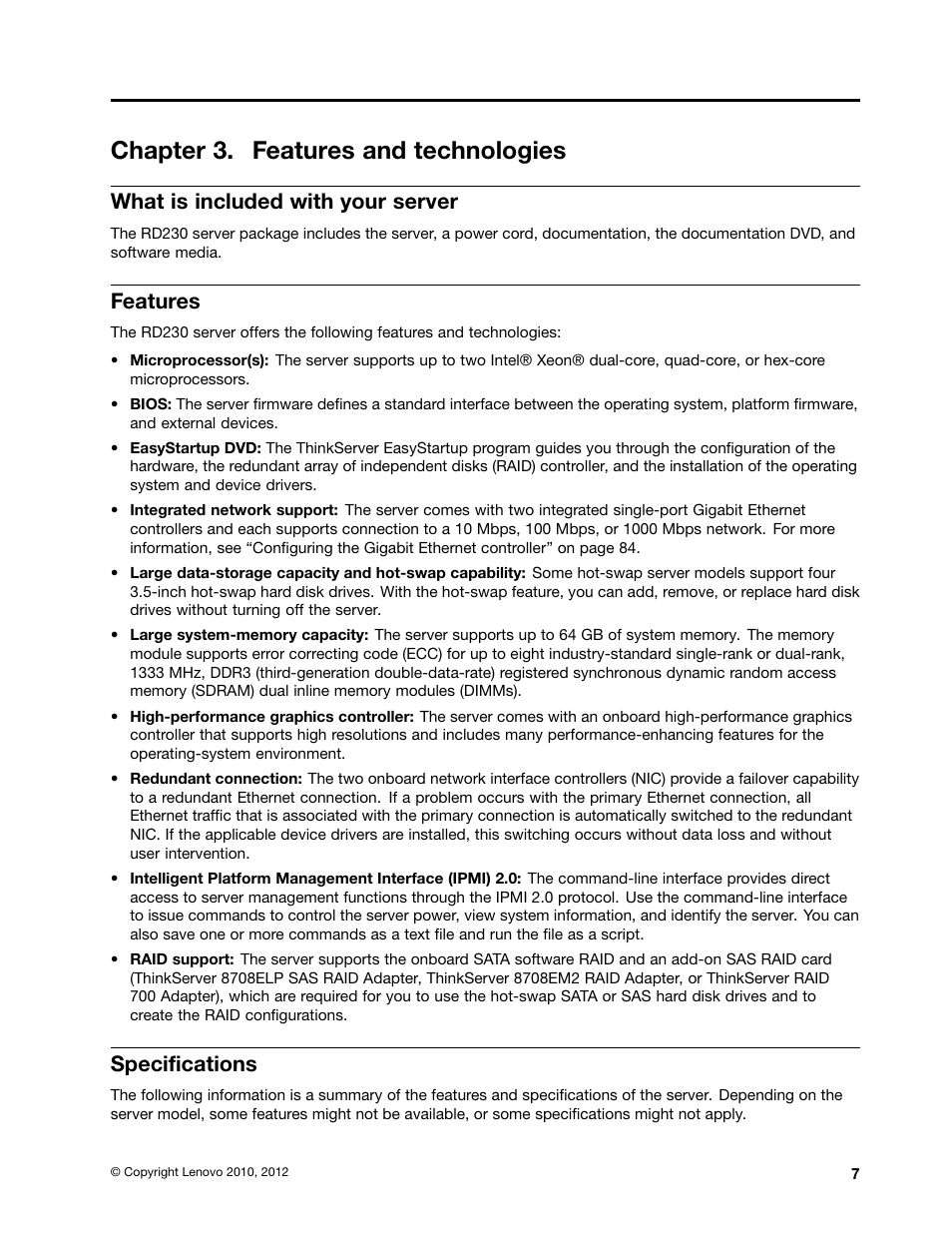 Chapter 3. features and technologies, What is included with your server, Features | Specifications | Lenovo ThinkServer RD230 User Manual | Page 19 / 134