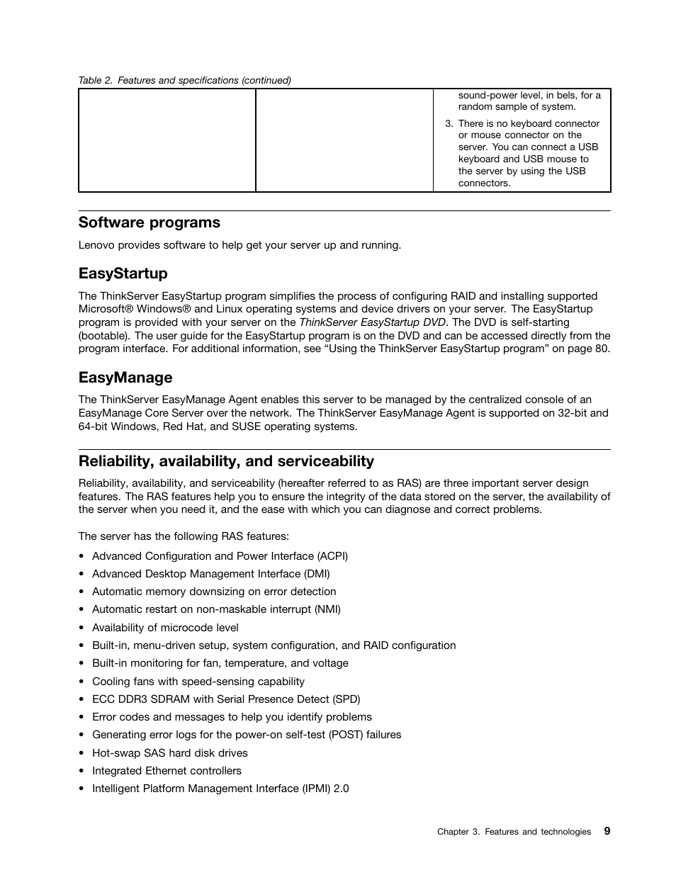 Software programs, Easystartup, Easymanage | Reliability, availability, and serviceability | Lenovo ThinkServer RD230 User Manual | Page 21 / 134