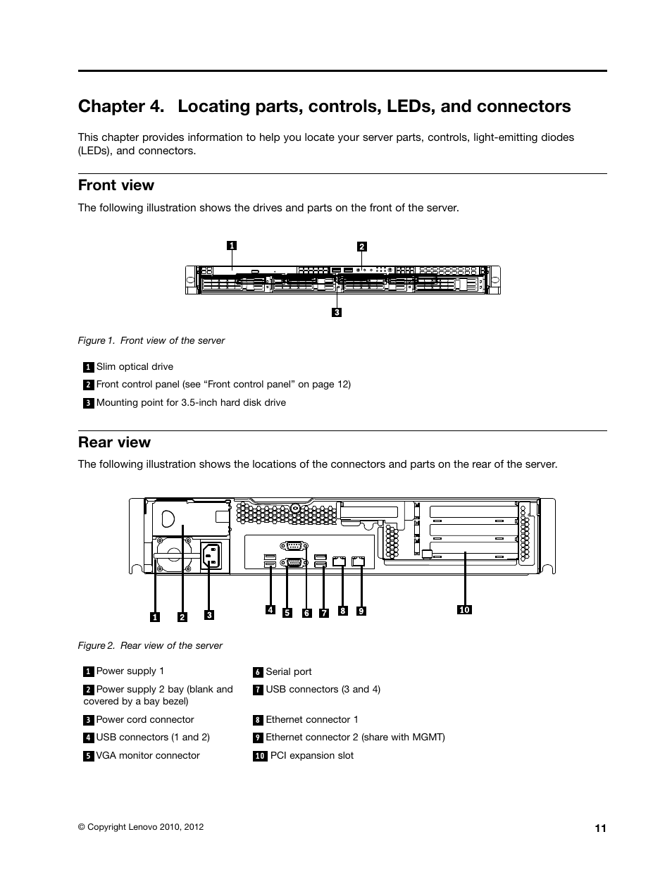 Front view, Rear view | Lenovo ThinkServer RD230 User Manual | Page 23 / 134