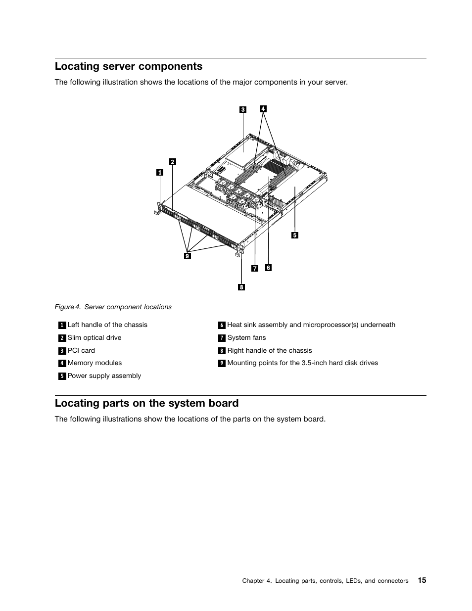Locating server components, Locating parts on the system board | Lenovo ThinkServer RD230 User Manual | Page 27 / 134