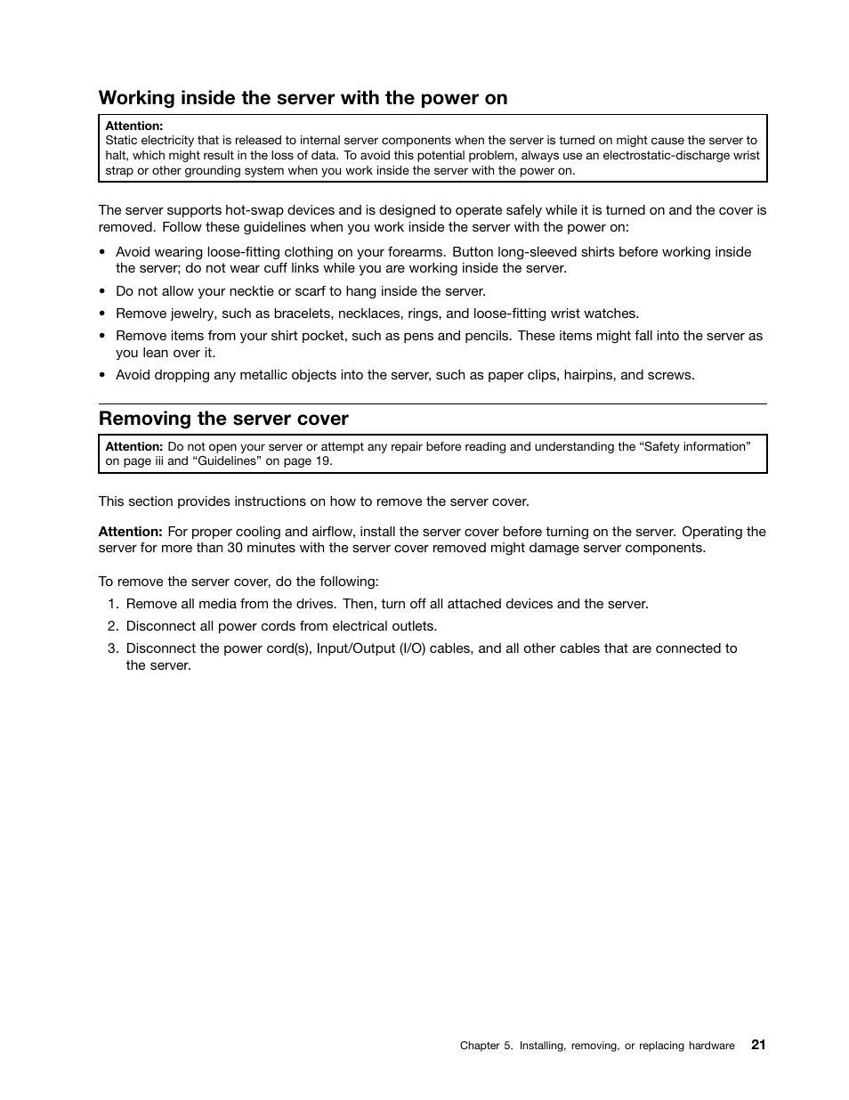 Working inside the server with the power on, Removing the server cover | Lenovo ThinkServer RD230 User Manual | Page 33 / 134