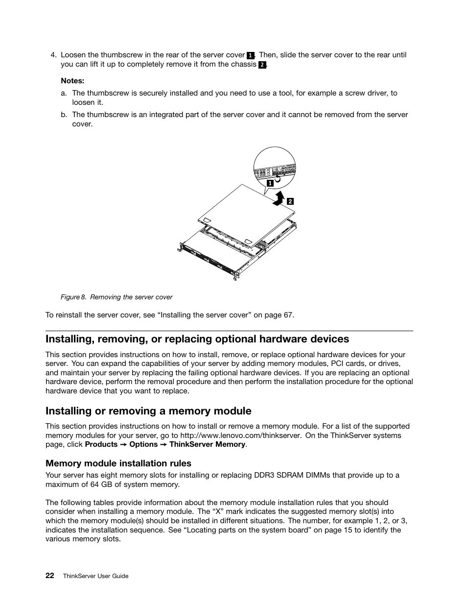 Installing or removing a memory module | Lenovo ThinkServer RD230 User Manual | Page 34 / 134