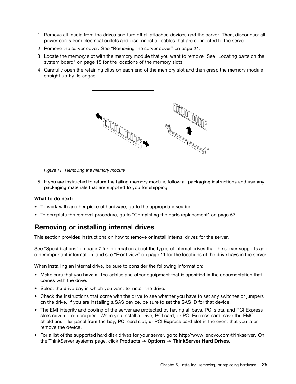 Removing or installing internal drives | Lenovo ThinkServer RD230 User Manual | Page 37 / 134