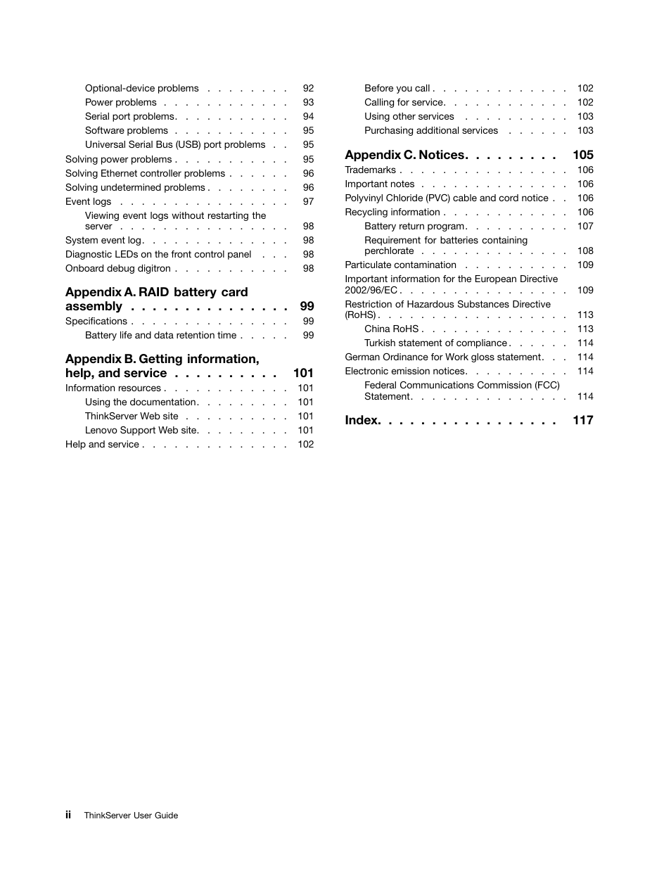 Appendix a. raid battery card assembly, Appendix b. getting information, help, and service, Appendix c. notices | Index | Lenovo ThinkServer RD230 User Manual | Page 4 / 134