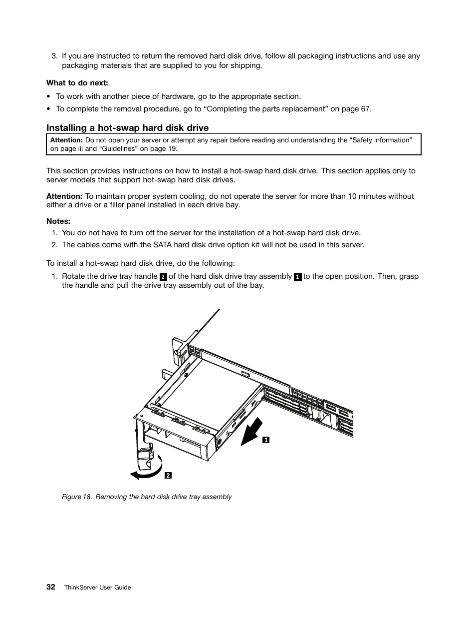 Installing a hot-swap hard disk drive | Lenovo ThinkServer RD230 User Manual | Page 44 / 134