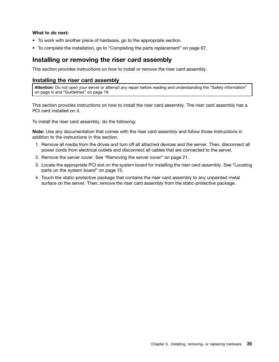 Installing or removing the riser card assembly | Lenovo ThinkServer RD230 User Manual | Page 47 / 134