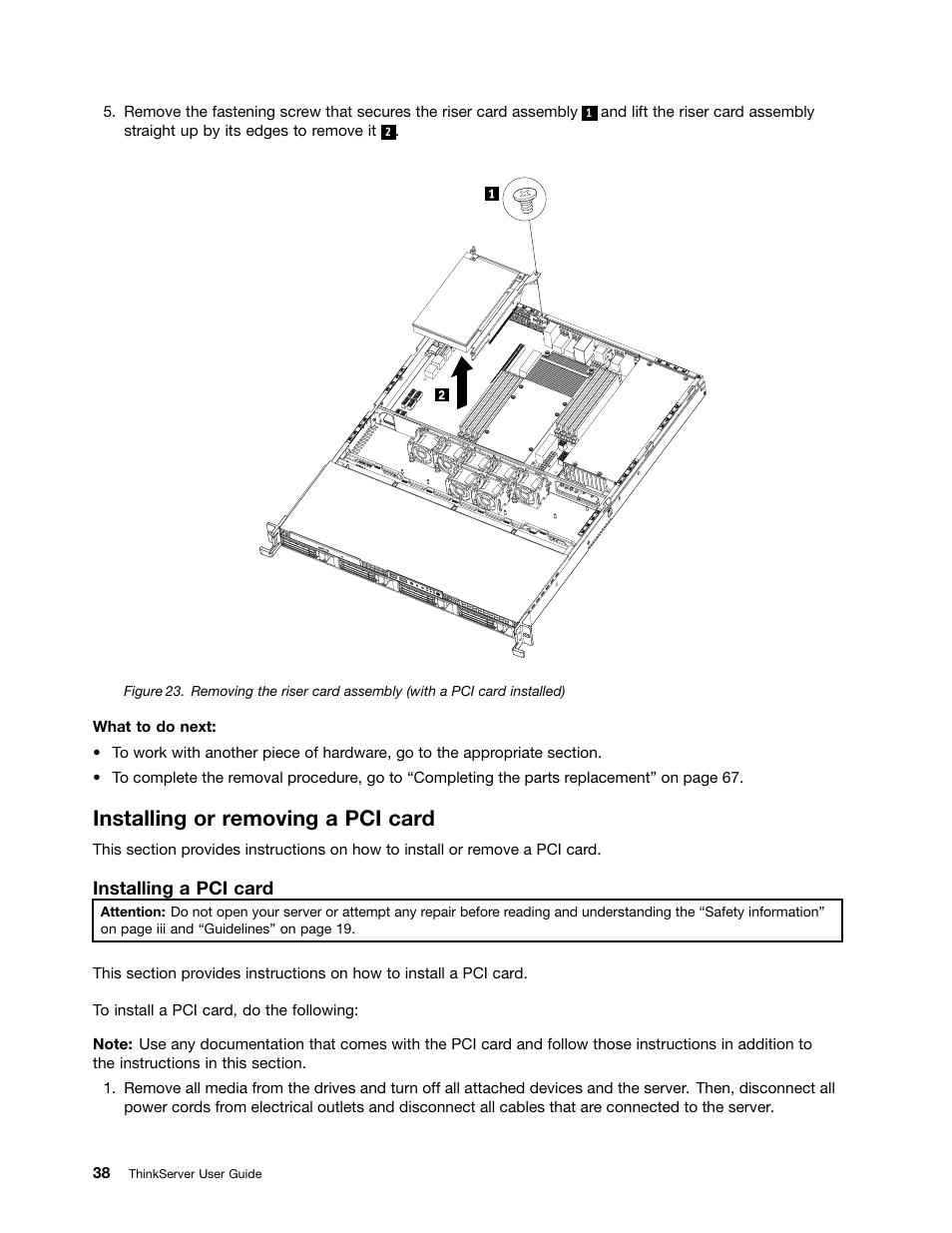 Installing or removing a pci card | Lenovo ThinkServer RD230 User Manual | Page 50 / 134