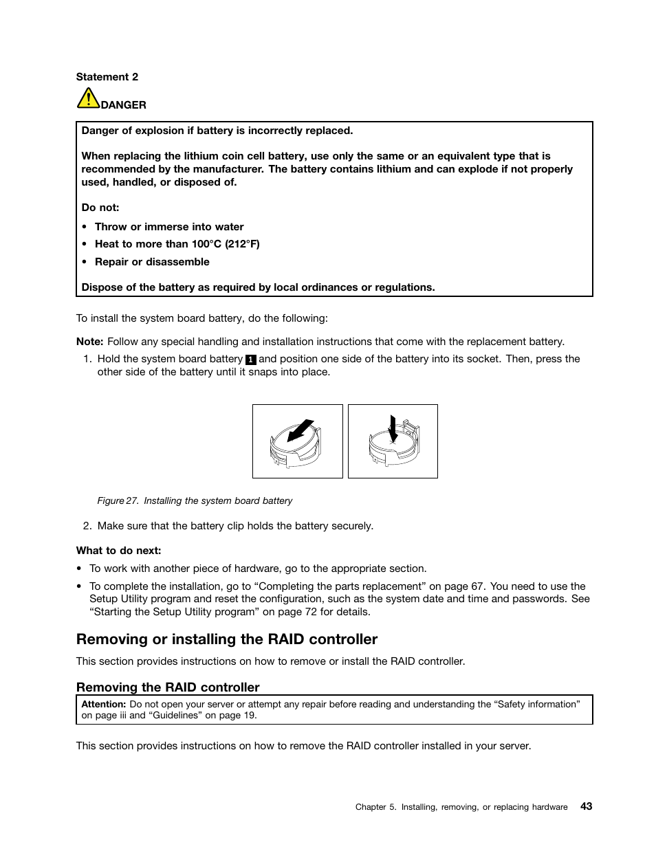 Removing or installing the raid controller | Lenovo ThinkServer RD230 User Manual | Page 55 / 134