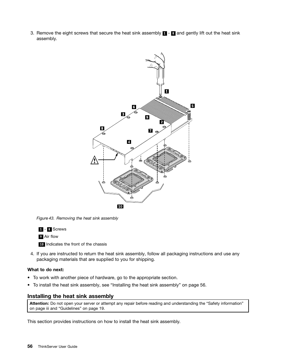 Installing the heat sink assembly | Lenovo ThinkServer RD230 User Manual | Page 68 / 134