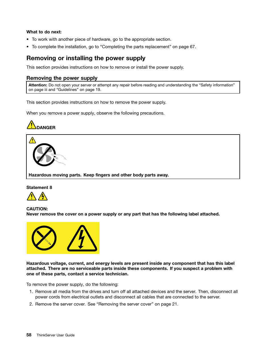 Removing or installing the power supply | Lenovo ThinkServer RD230 User Manual | Page 70 / 134