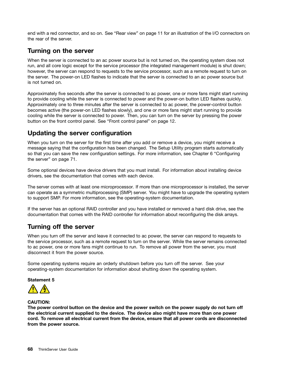 Turning on the server, Updating the server configuration, Turning off the server | Lenovo ThinkServer RD230 User Manual | Page 80 / 134