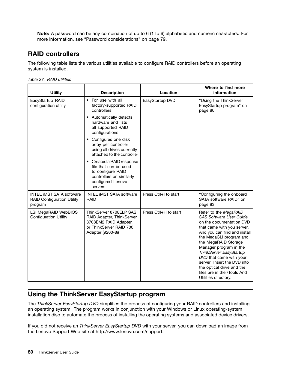 Raid controllers, Using the thinkserver easystartup program | Lenovo ThinkServer RD230 User Manual | Page 92 / 134