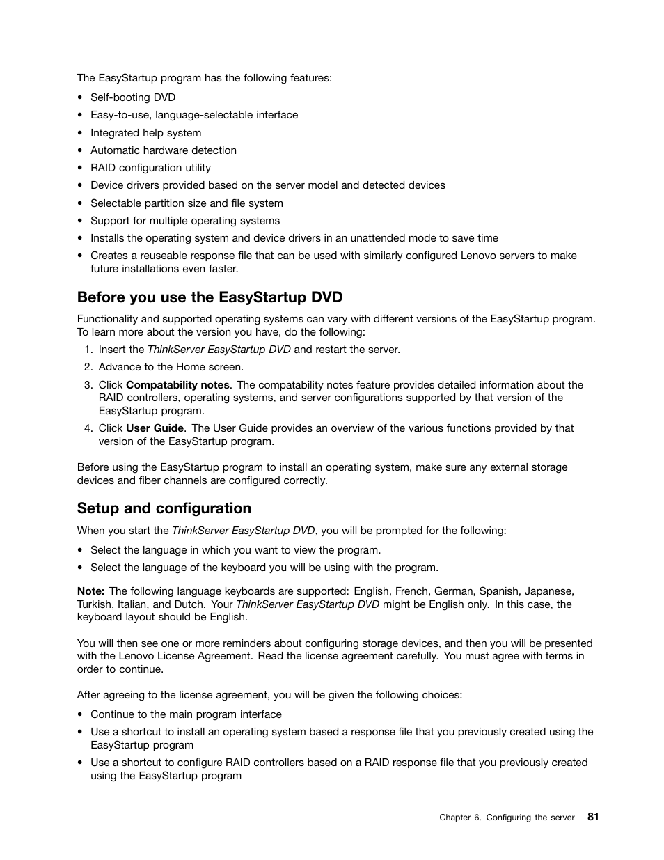 Before you use the easystartup dvd, Setup and configuration | Lenovo ThinkServer RD230 User Manual | Page 93 / 134