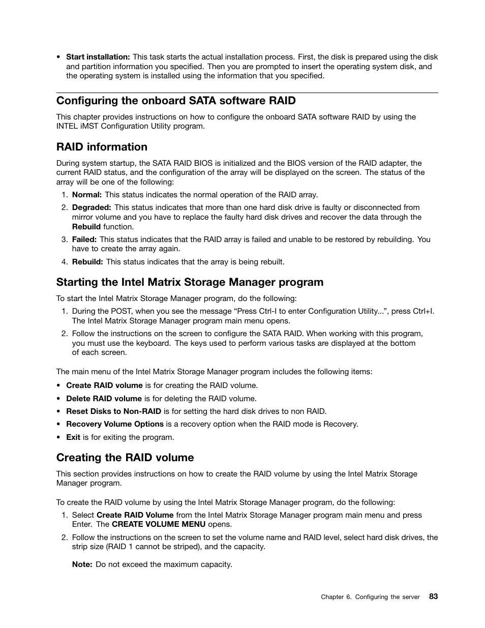 Configuring the onboard sata software raid, Raid information, Starting the intel matrix storage manager program | Creating the raid volume | Lenovo ThinkServer RD230 User Manual | Page 95 / 134
