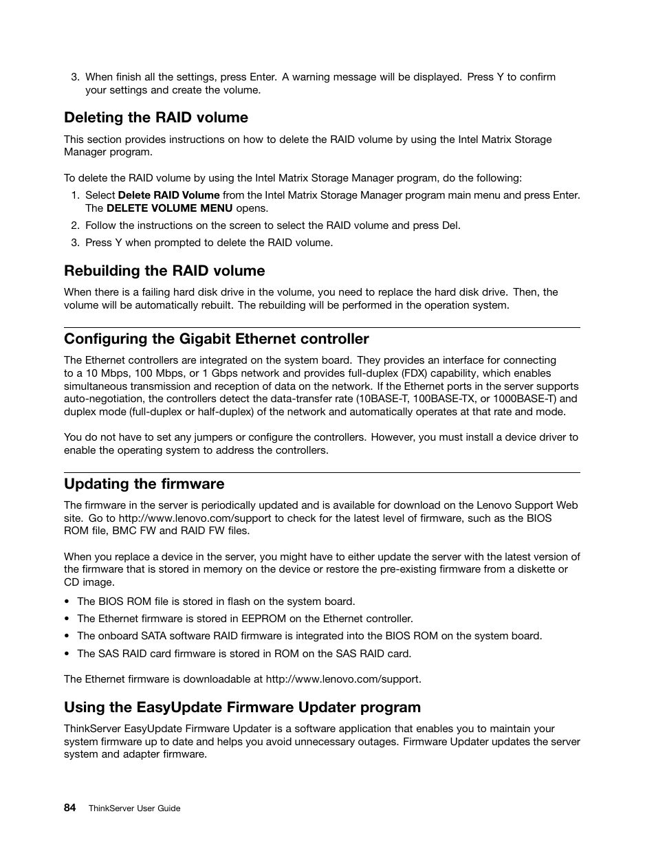 Deleting the raid volume, Rebuilding the raid volume, Configuring the gigabit ethernet controller | Updating the firmware, Using the easyupdate firmware updater program | Lenovo ThinkServer RD230 User Manual | Page 96 / 134