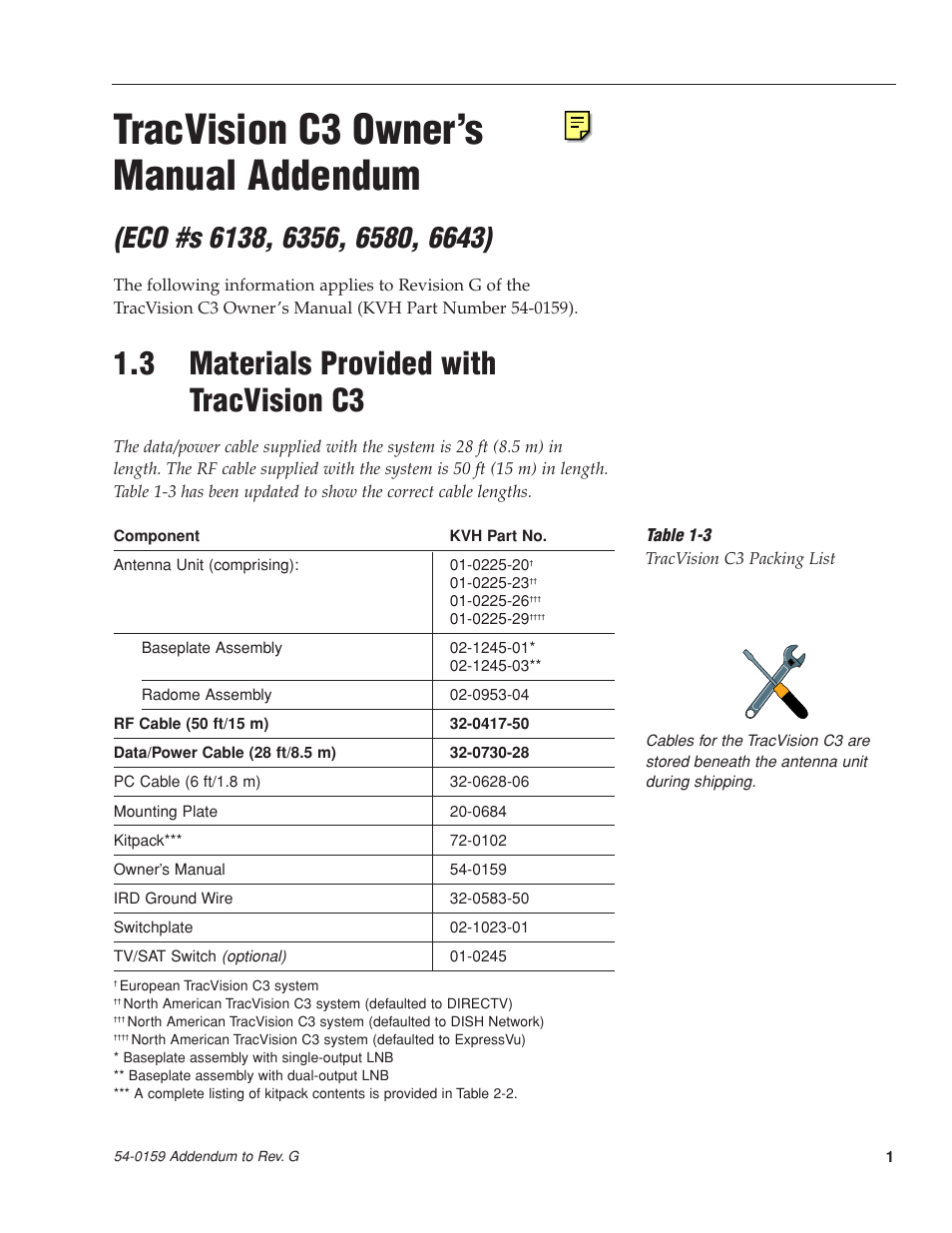 Tracvision c3 owner’s manual addendum, 3 materials provided with tracvision c3 | American Dish Service Vision C3 User Manual | Page 2 / 78