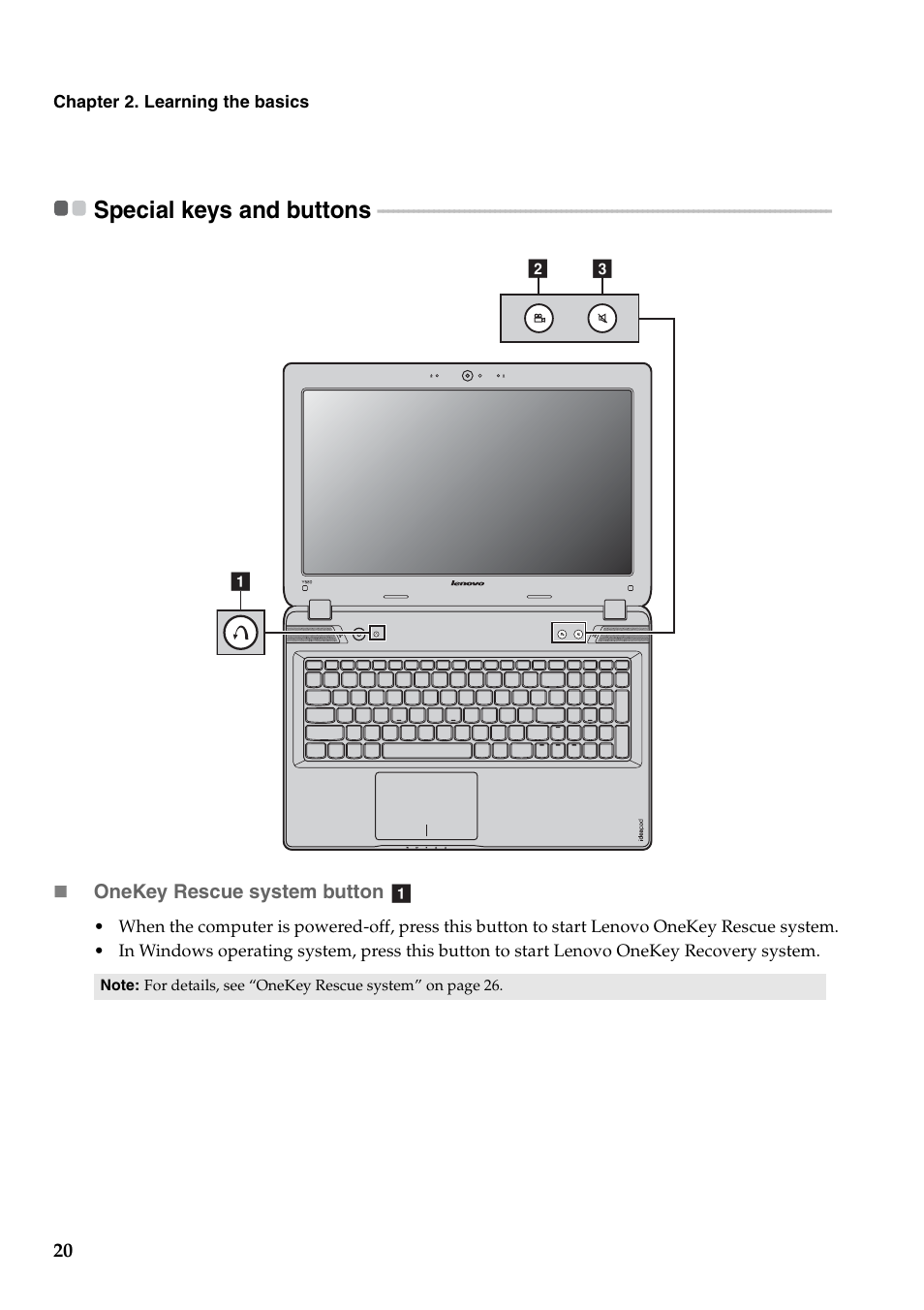 Special keys and buttons | Lenovo IdeaPad Y480 User Manual | Page 24 / 48