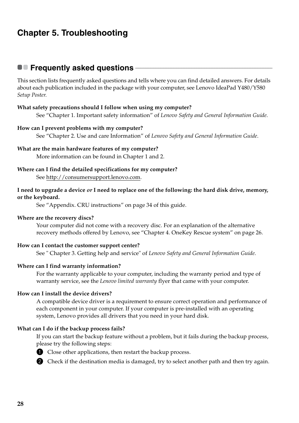 Chapter 5. troubleshooting, Frequently asked questions | Lenovo IdeaPad Y480 User Manual | Page 32 / 48