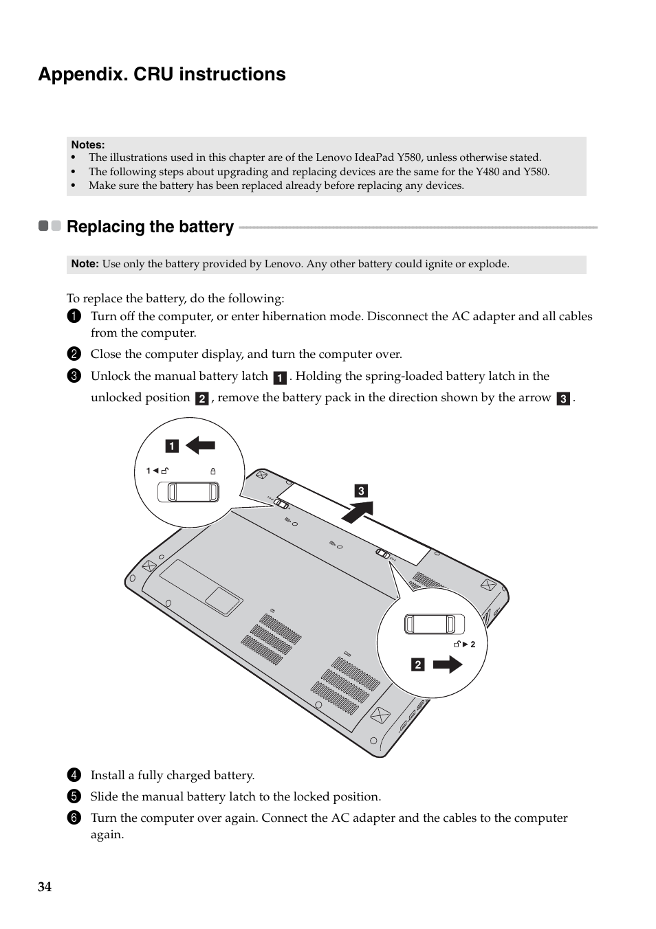 Appendix. cru instructions, Replacing the battery | Lenovo IdeaPad Y480 User Manual | Page 38 / 48