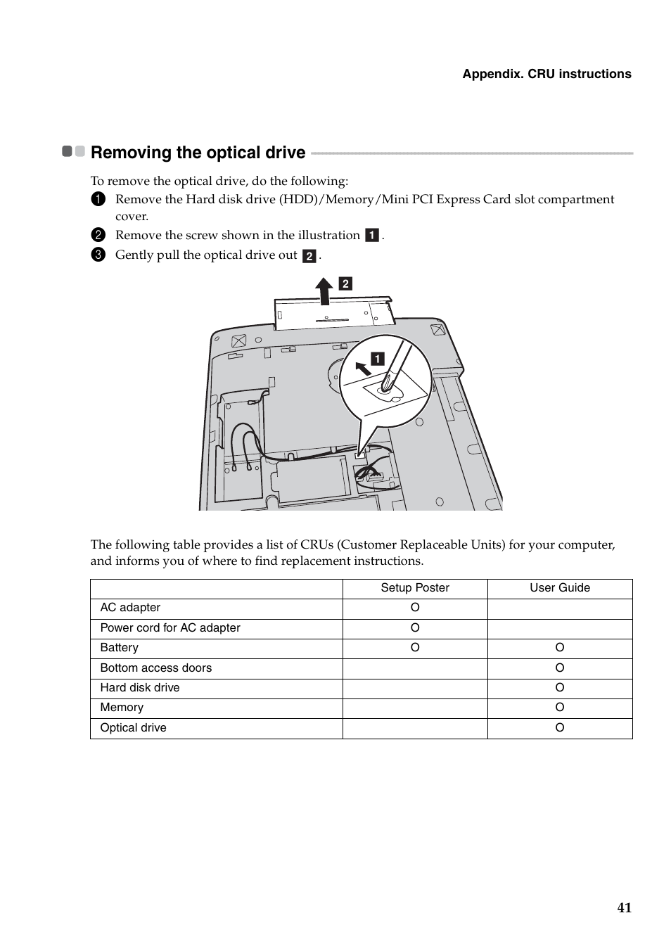 Removing the optical drive | Lenovo IdeaPad Y480 User Manual | Page 45 / 48