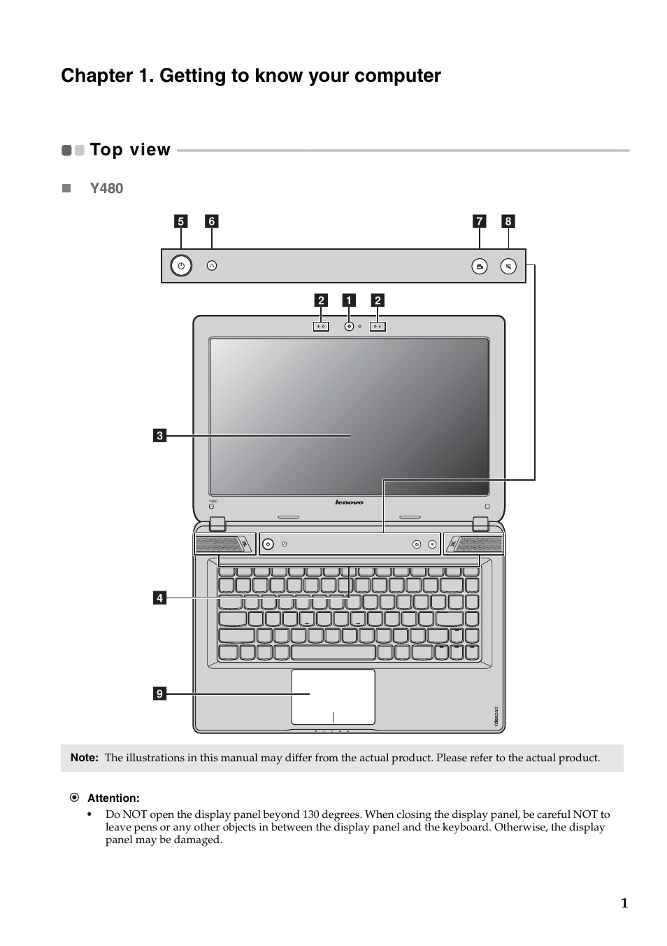 Chapter 1. getting to know your computer, Top view | Lenovo IdeaPad Y480 User Manual | Page 5 / 48