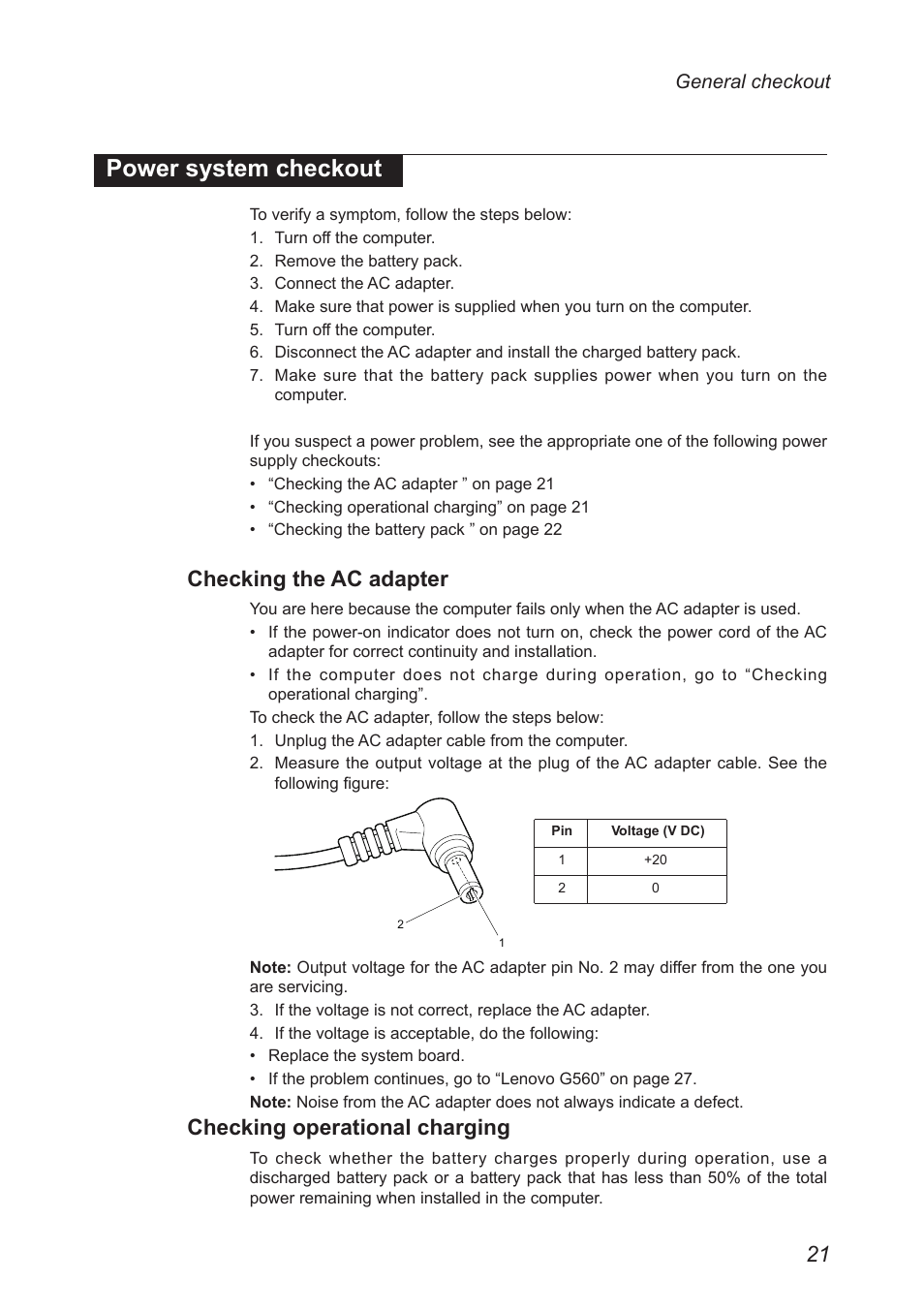 Power system checkout, Checking the ac adapter, Checking operational charging | Lenovo G560 Notebook User Manual | Page 25 / 90
