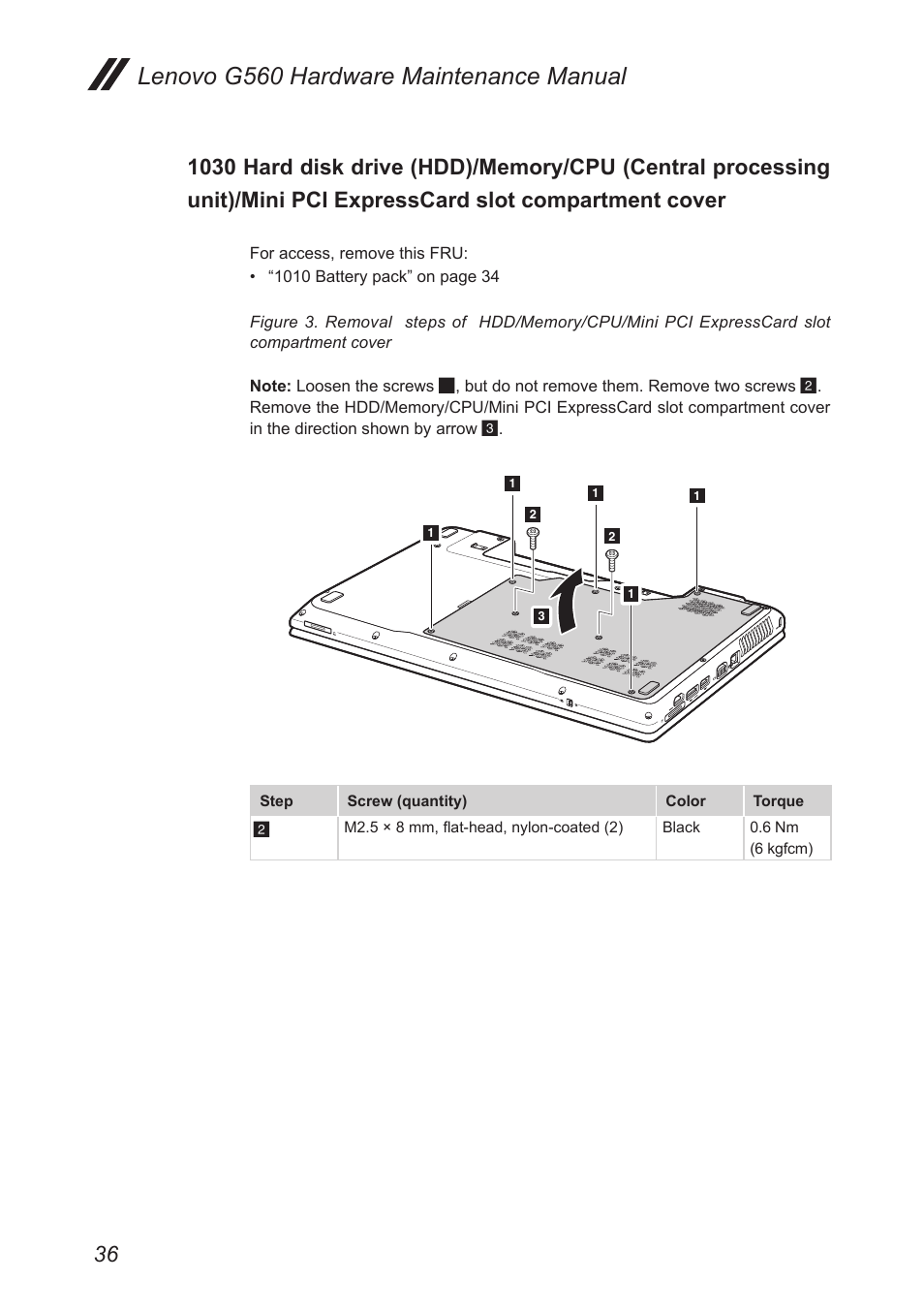 1030 hard disk drive (hdd)/memory/cpu, Central processing unit)/mini pci expresscard, Slot compartment cover | Lenovo g560 hardware maintenance manual | Lenovo G560 Notebook User Manual | Page 40 / 90