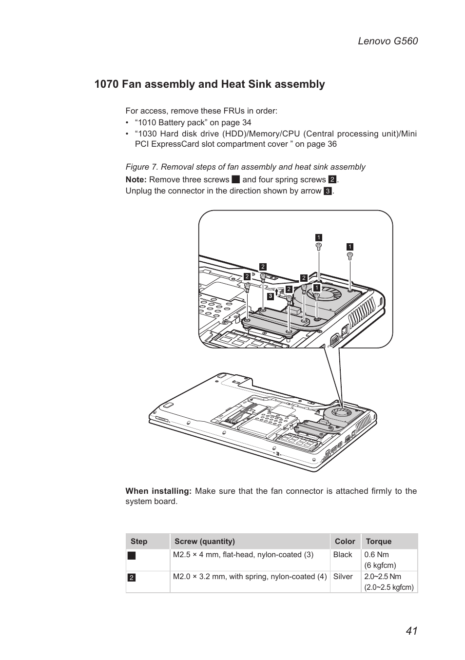 1070 fan assembly and heat sink assembly, Lenovo g560 | Lenovo G560 Notebook User Manual | Page 45 / 90
