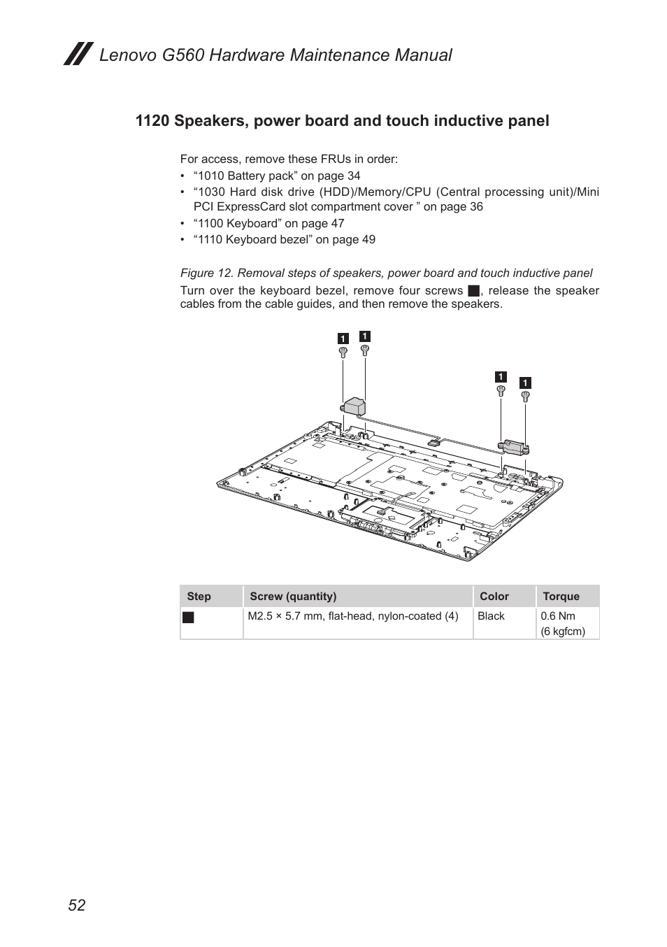 1120 speakers, power board and touch, Inductive panel, Lenovo g560 hardware maintenance manual | Lenovo G560 Notebook User Manual | Page 56 / 90