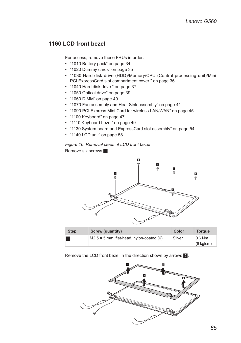 1160 lcd front bezel, Lenovo g560 | Lenovo G560 Notebook User Manual | Page 69 / 90