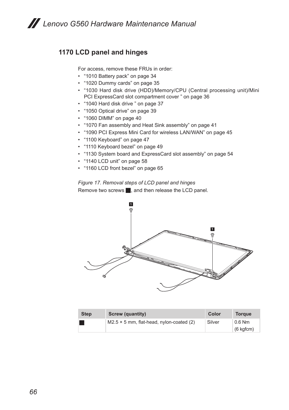 1170 lcd panel and hinges, Lenovo g560 hardware maintenance manual | Lenovo G560 Notebook User Manual | Page 70 / 90