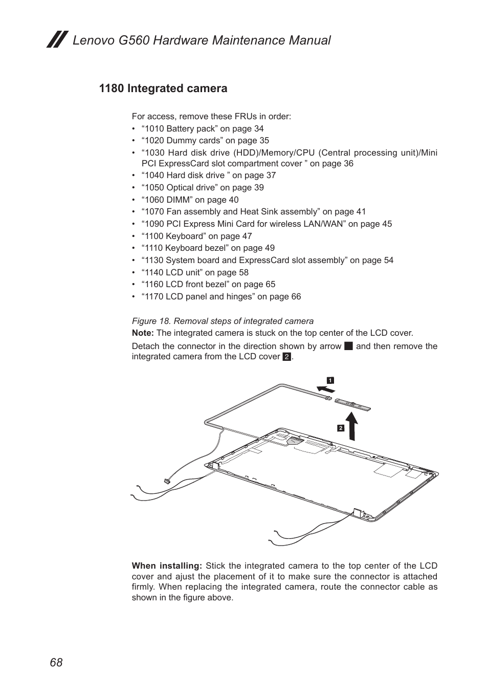 1180 integrated camera, Lenovo g560 hardware maintenance manual | Lenovo G560 Notebook User Manual | Page 72 / 90