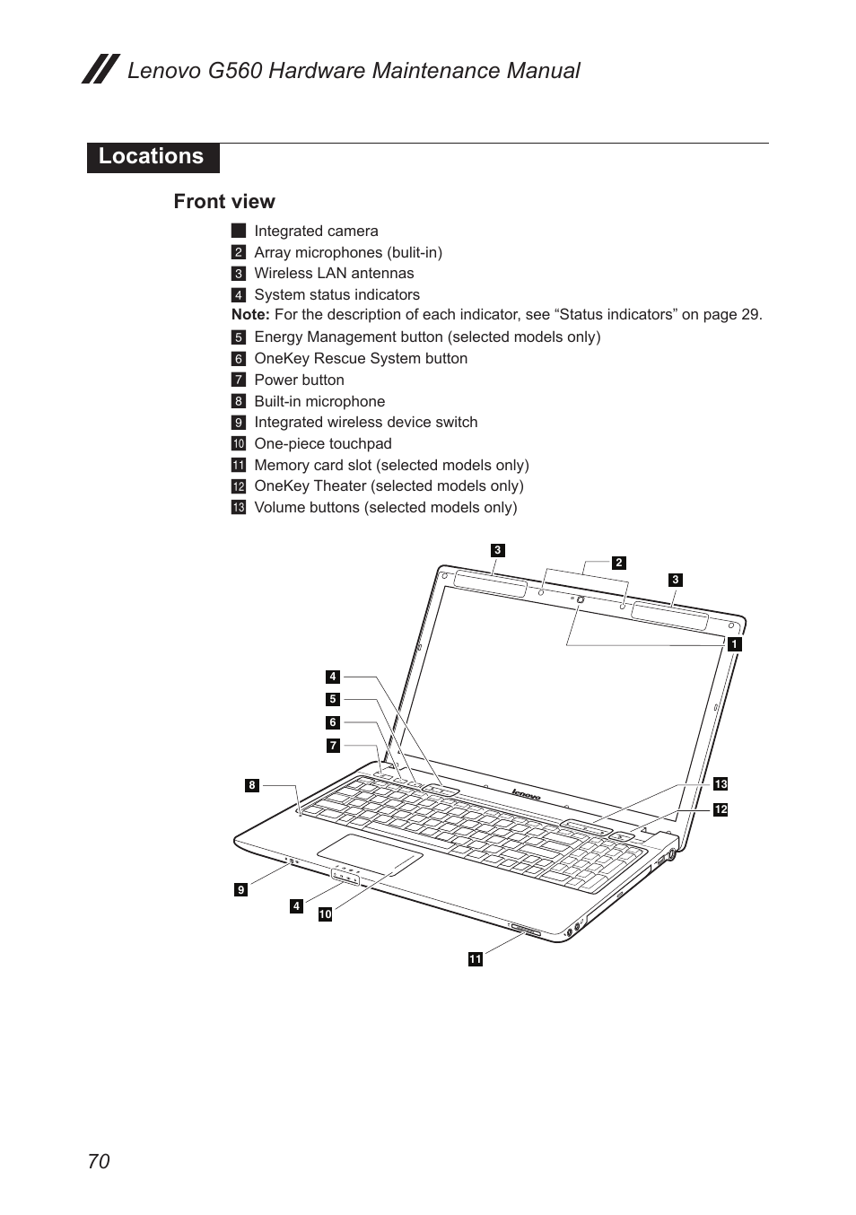 Locations, Front view, Lenovo g560 hardware maintenance manual locations | Lenovo G560 Notebook User Manual | Page 74 / 90