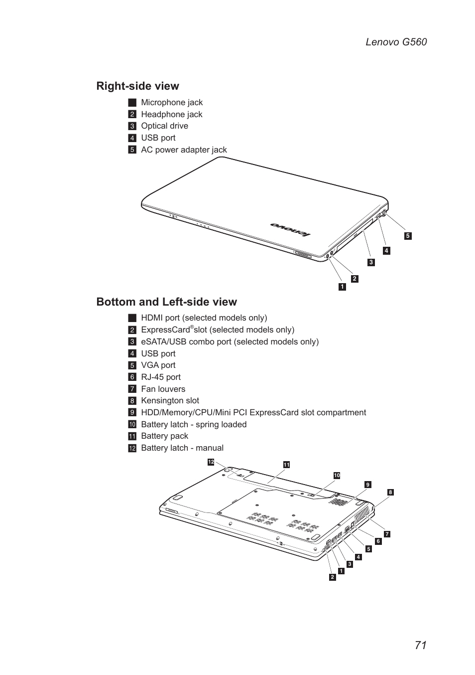 Right-side view, Bottom and left-side view, Lenovo g560 | Lenovo G560 Notebook User Manual | Page 75 / 90