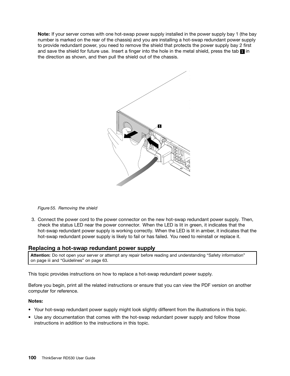 Replacing a hot-swap redundant power supply | Lenovo ThinkServer RD530 User Manual | Page 112 / 174