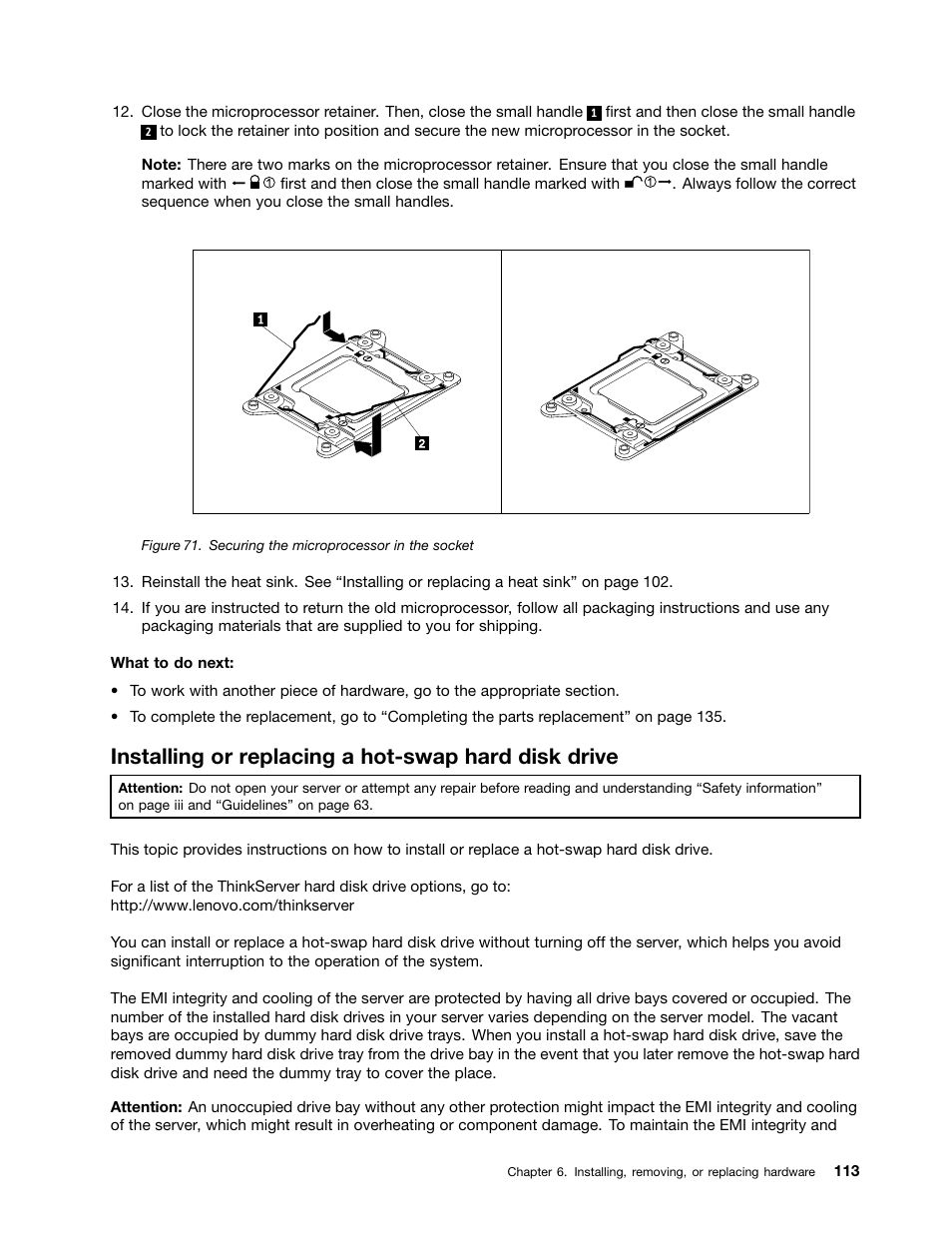 Installing or replacing a hot-swap hard disk drive | Lenovo ThinkServer RD530 User Manual | Page 125 / 174