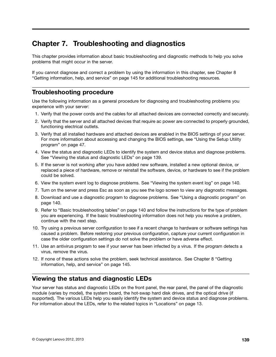 Chapter 7. troubleshooting and diagnostics, Troubleshooting procedure, Viewing the status and diagnostic leds | Lenovo ThinkServer RD530 User Manual | Page 151 / 174