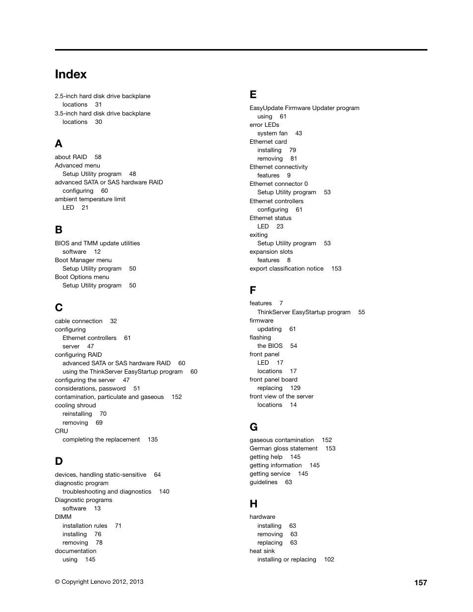 Index | Lenovo ThinkServer RD530 User Manual | Page 169 / 174