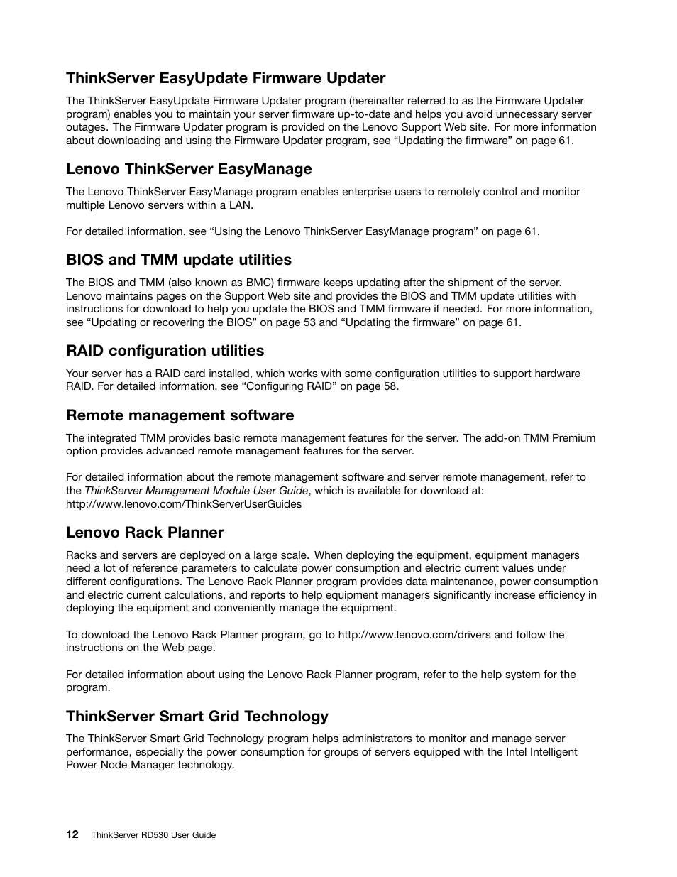 Thinkserver easyupdate firmware updater, Lenovo thinkserver easymanage, Bios and tmm update utilities | Raid configuration utilities, Remote management software, Lenovo rack planner, Thinkserver smart grid technology | Lenovo ThinkServer RD530 User Manual | Page 24 / 174