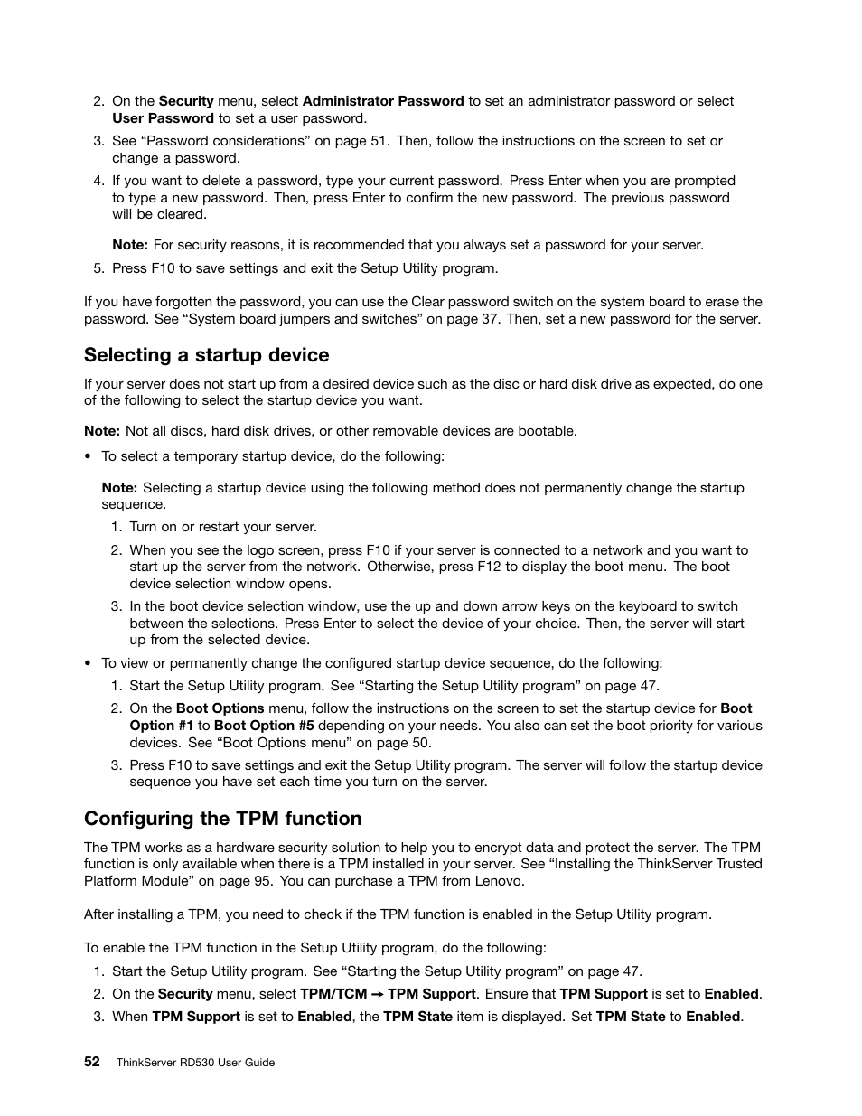 Selecting a startup device, Configuring the tpm function | Lenovo ThinkServer RD530 User Manual | Page 64 / 174