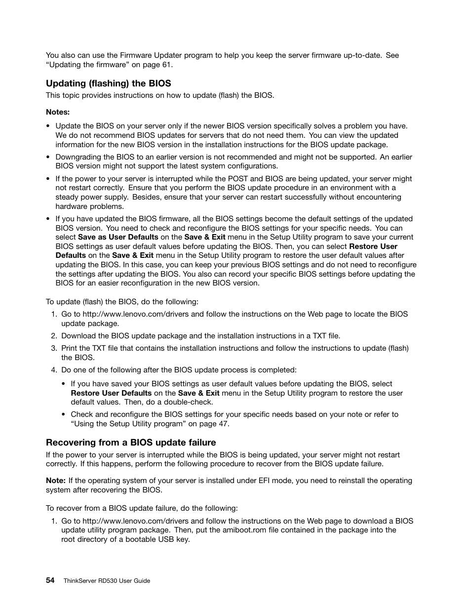 Updating (flashing) the bios | Lenovo ThinkServer RD530 User Manual | Page 66 / 174