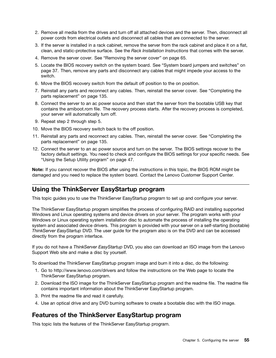 Using the thinkserver easystartup program, Features of the thinkserver easystartup program, Using the thinkserver | Lenovo ThinkServer RD530 User Manual | Page 67 / 174