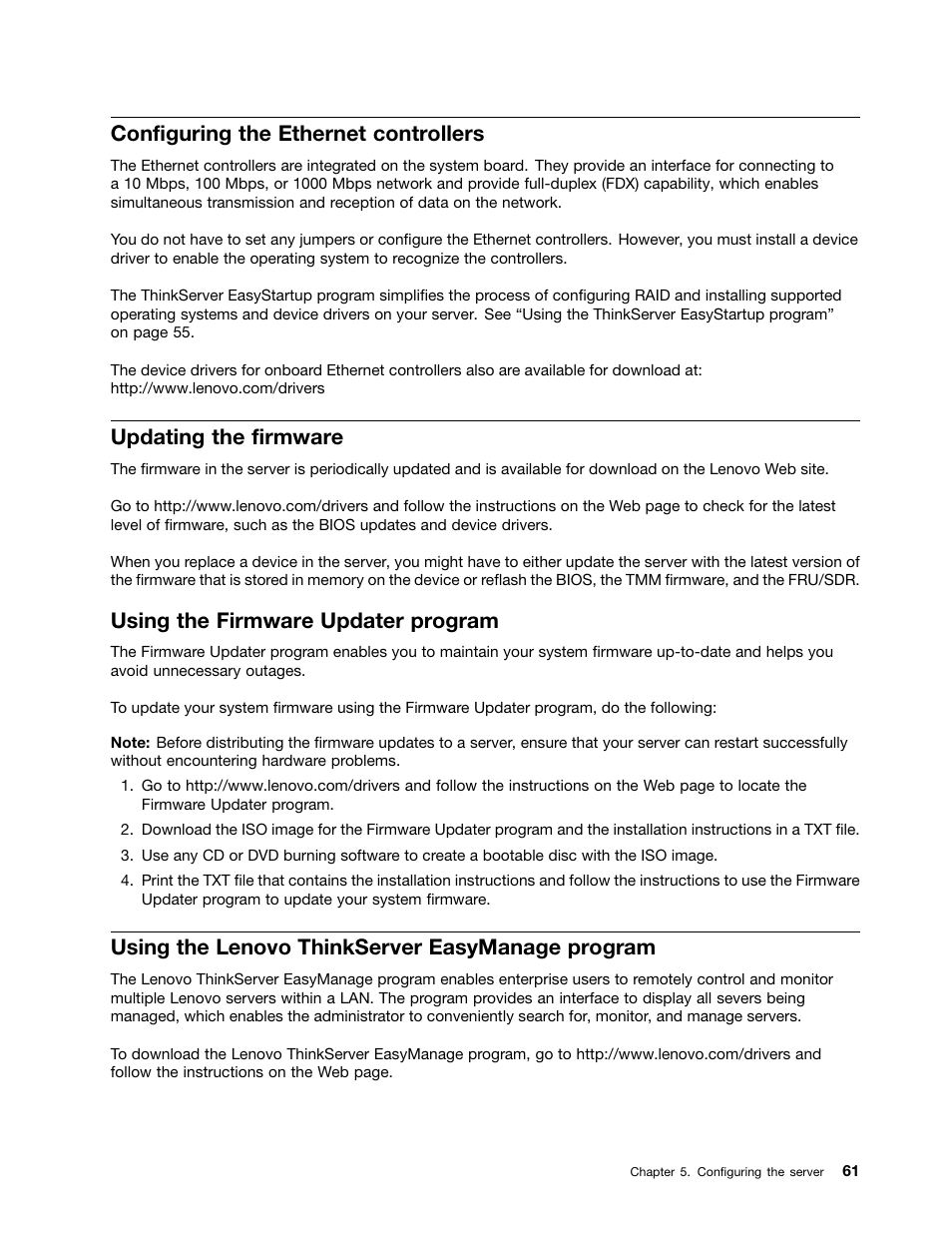 Configuring the ethernet controllers, Updating the firmware, Using the firmware updater program | Using the lenovo thinkserver easymanage program | Lenovo ThinkServer RD530 User Manual | Page 73 / 174