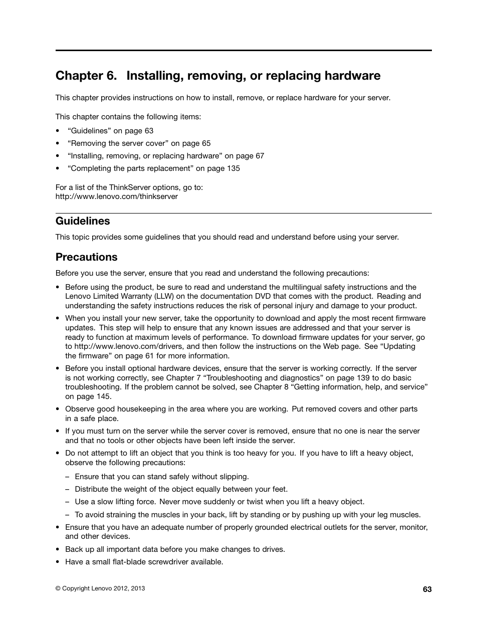 Guidelines, Precautions, Chapter 6 “installing, removing | Lenovo ThinkServer RD530 User Manual | Page 75 / 174