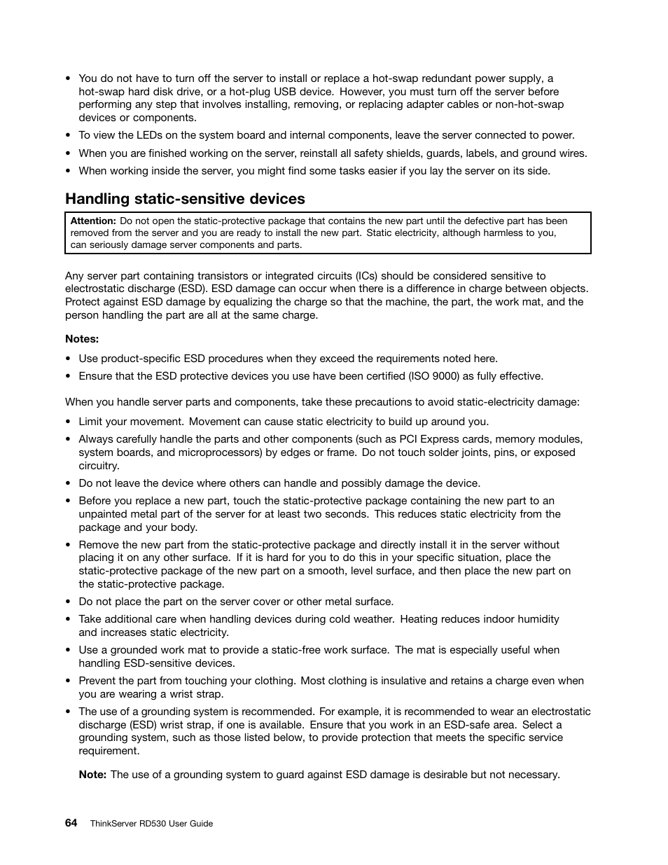 Handling static-sensitive devices | Lenovo ThinkServer RD530 User Manual | Page 76 / 174