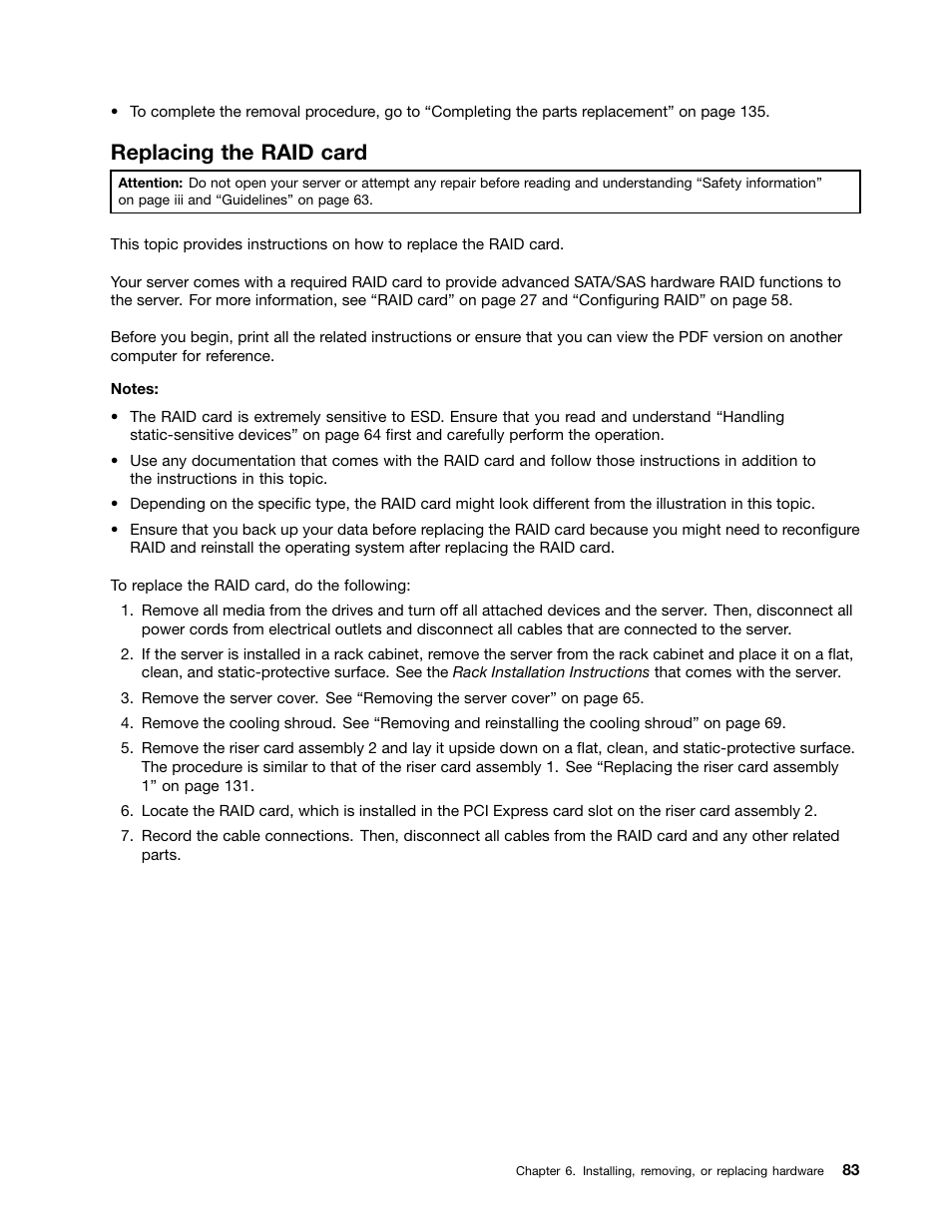 Replacing the raid card | Lenovo ThinkServer RD530 User Manual | Page 95 / 174