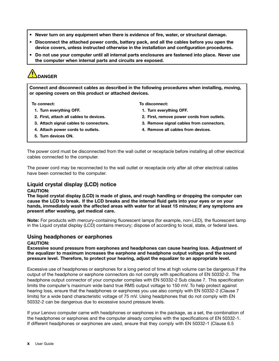 Liquid crystal display (lcd) notice, Using headphones or earphones | Lenovo ThinkPad X131e Chromebook User Manual | Page 12 / 80