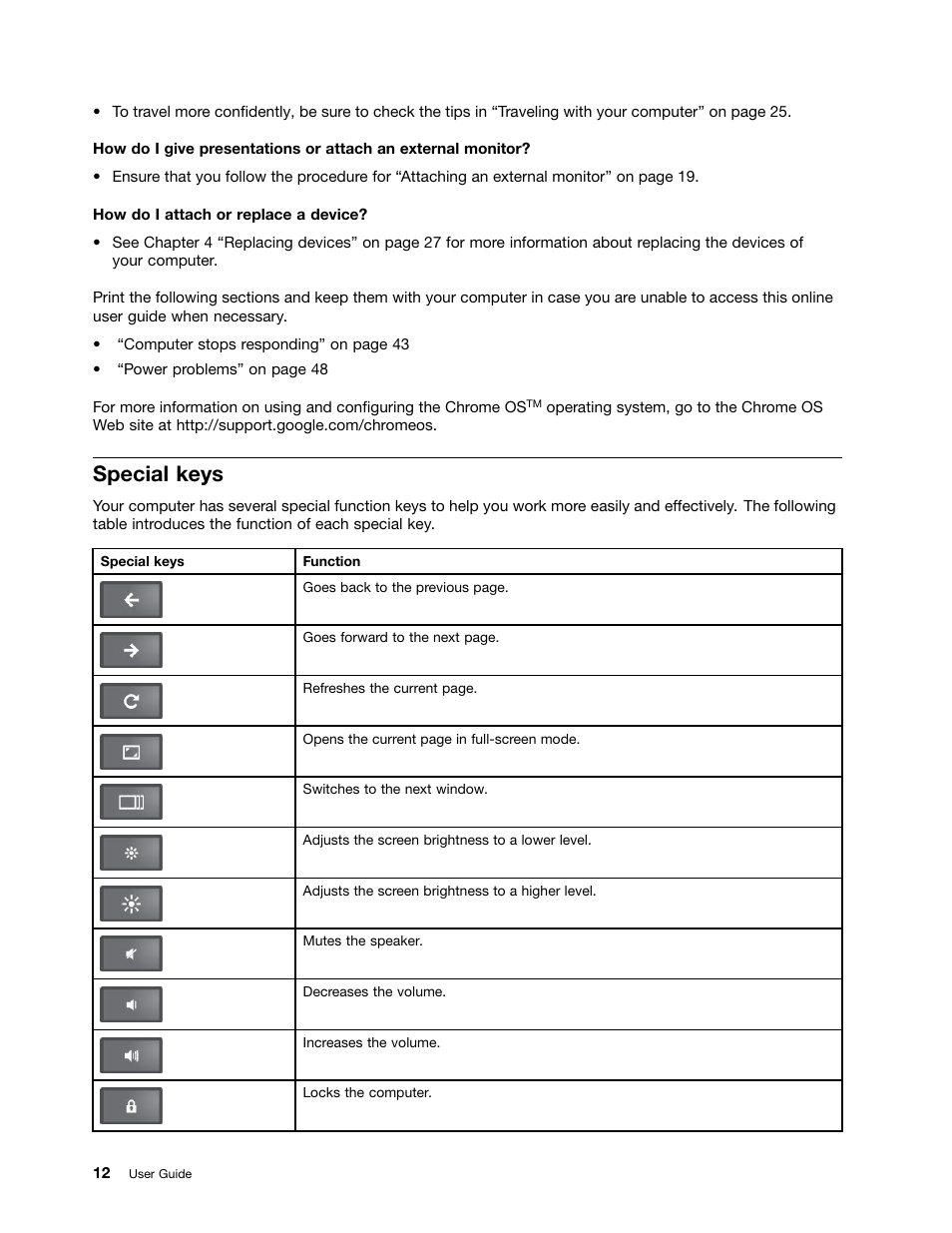 Special keys | Lenovo ThinkPad X131e Chromebook User Manual | Page 26 / 80