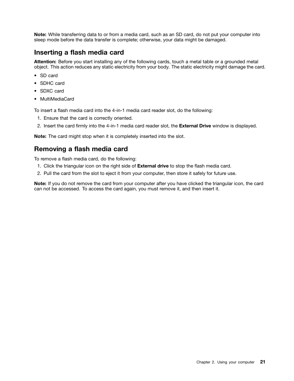 Inserting a flash media card, Removing a flash media card | Lenovo ThinkPad X131e Chromebook User Manual | Page 35 / 80